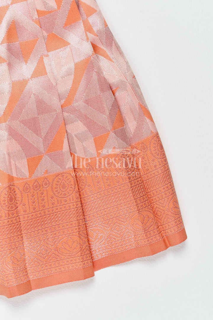 The Nesavu Girls Kanchi Silk Frock Girls Kanchi Silk Frock in Peach with Woven Texture Nesavu Nesavu Girls Kanchi Silk Frock With Woven Texture For Weddings