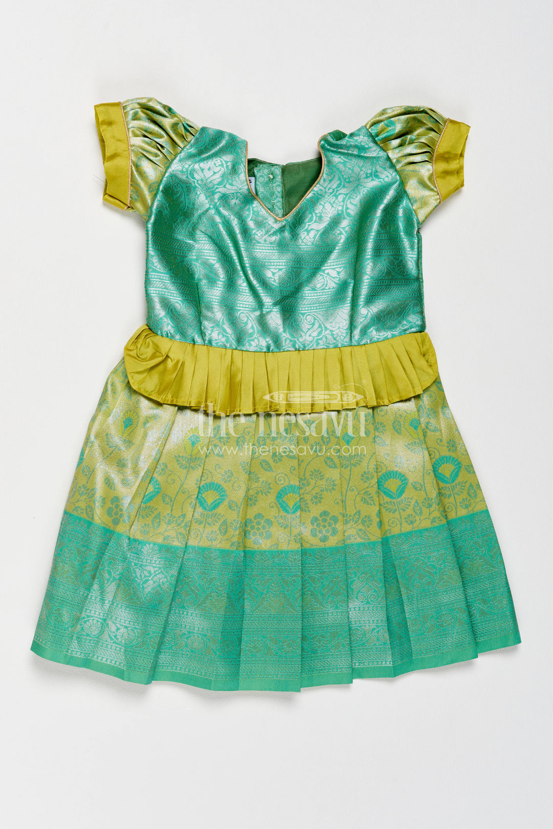 The Nesavu Girls Kanchi Silk Frock Girls Kanchi Silk Frock in Turquoise for Party Memories Nesavu 18 (2Y) / Turquoise / Style 2 KSF083AB-18 Nesavu Girls Kanchi Silk Frock In Turquoise For Parties And Memorable KSF083AB-18