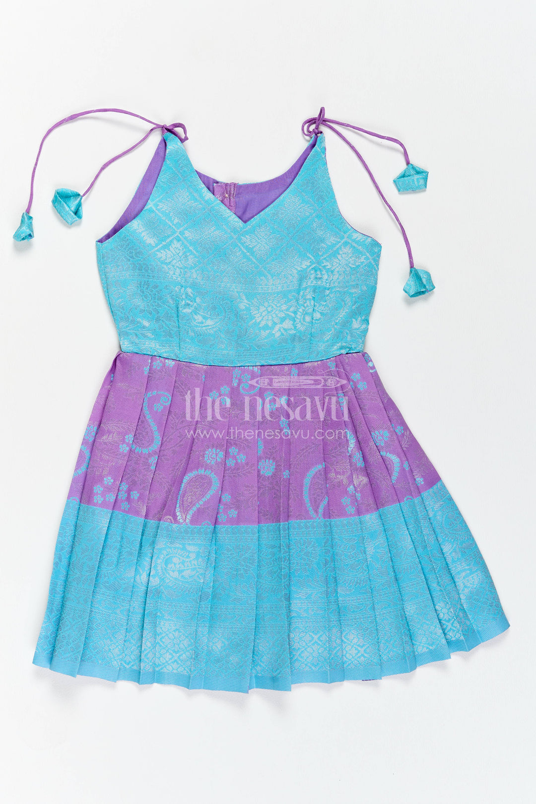 The Nesavu Girls Kanchi Silk Frock Girls Kanchi Silk Frock in Turquoise with Woven Texture Nesavu 18 (2Y) / Turquoise / Style 1 KSF079BA-18 Nesavu Girls Kanchi Silk Frock With Woven Texture For Festive Occasion KSF079BA-18
