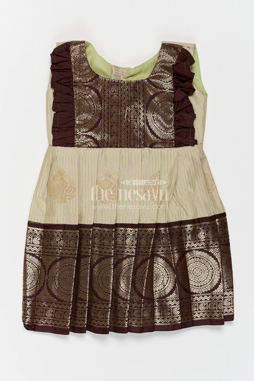 The Nesavu Girls Kanchi Silk Frock Girls Kanchi Silk Frock with Jacquard Weave for Family Functions Nesavu 10 (NB) / Green / Style 2 KSF091EB-10 Nesavu Girls Kanchi Silk Frock With Jacquard Weave For Weddings KSF091EB-10