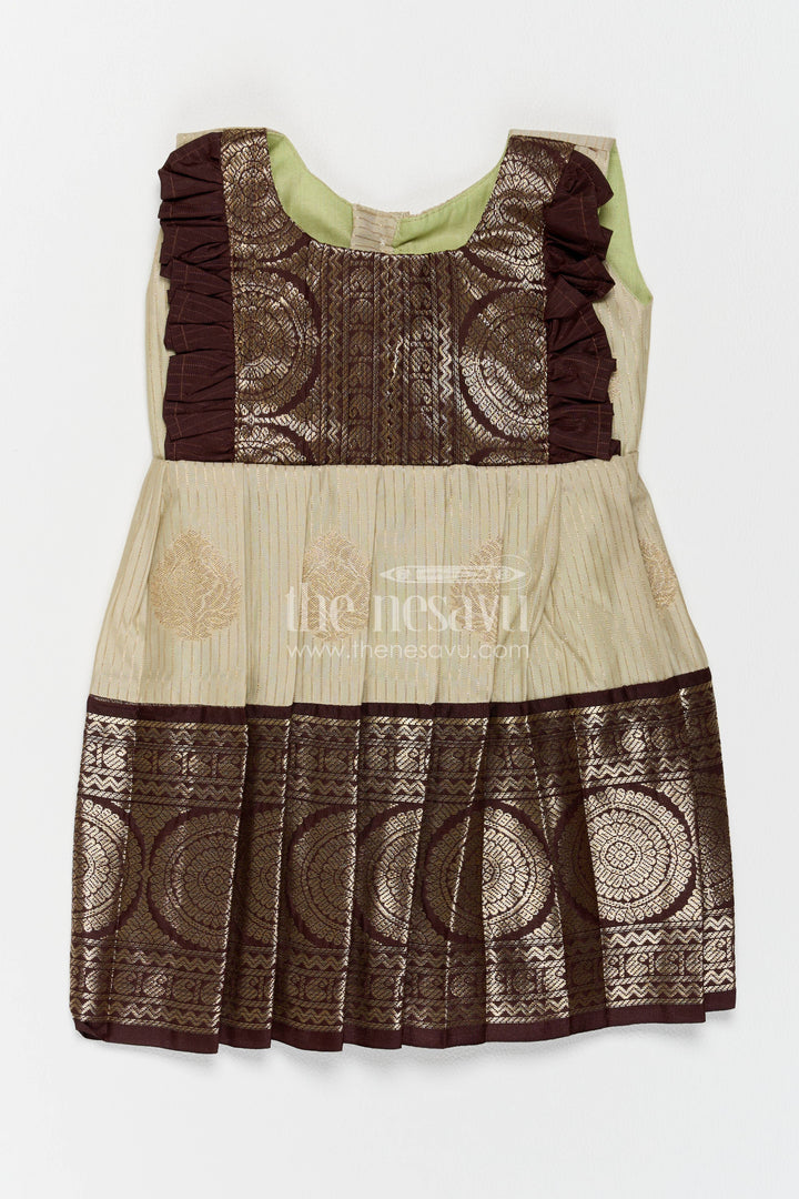 The Nesavu Girls Kanchi Silk Frock Girls Kanchi Silk Frock with Jacquard Weave for Family Functions Nesavu 10 (NB) / Green / Style 2 KSF091EB-10 Nesavu Girls Kanchi Silk Frock With Jacquard Weave For Weddings KSF091EB-10