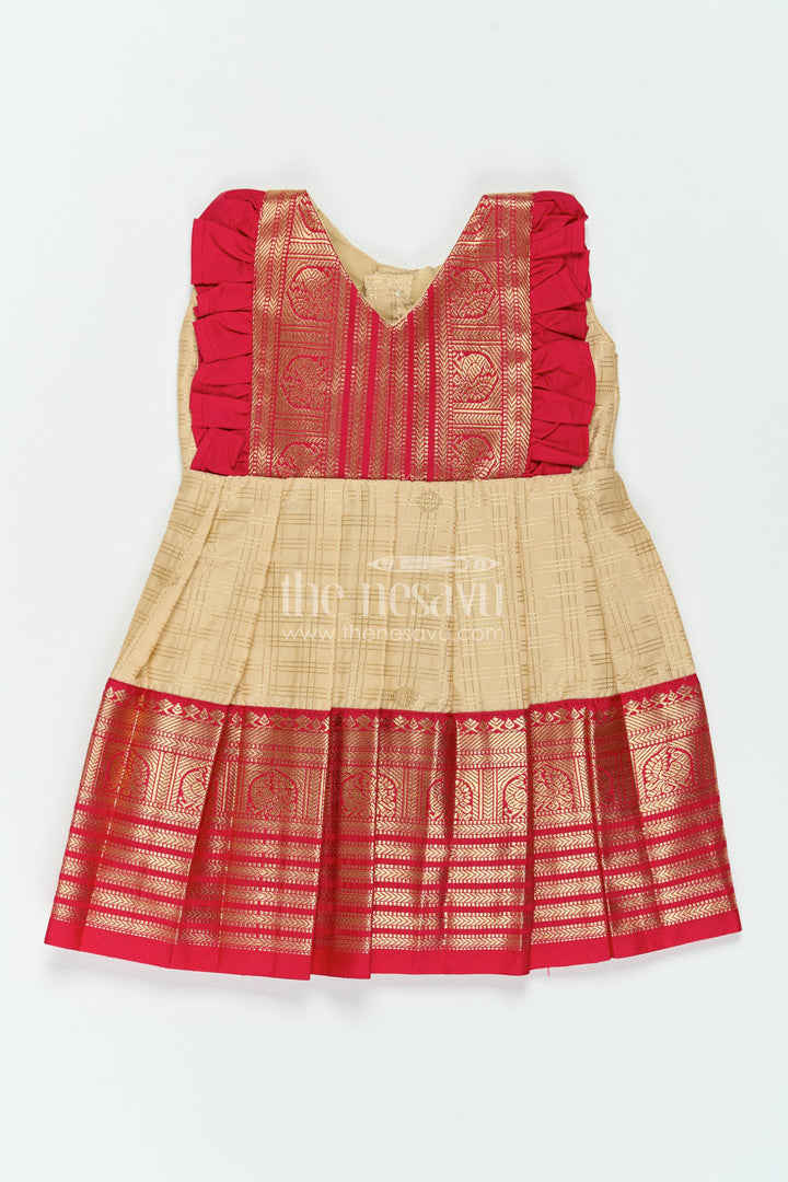 The Nesavu Girls Kanchi Silk Frock Girls Kanchi Silk Frock with Smart Tailoring for Family Functions Nesavu 10 (NB) / Cream / Silk Blend KSF098CB-10 Nesavu Girls Kanchi Silk Frock In Cream For Parties And Memorable KSF098CB-10