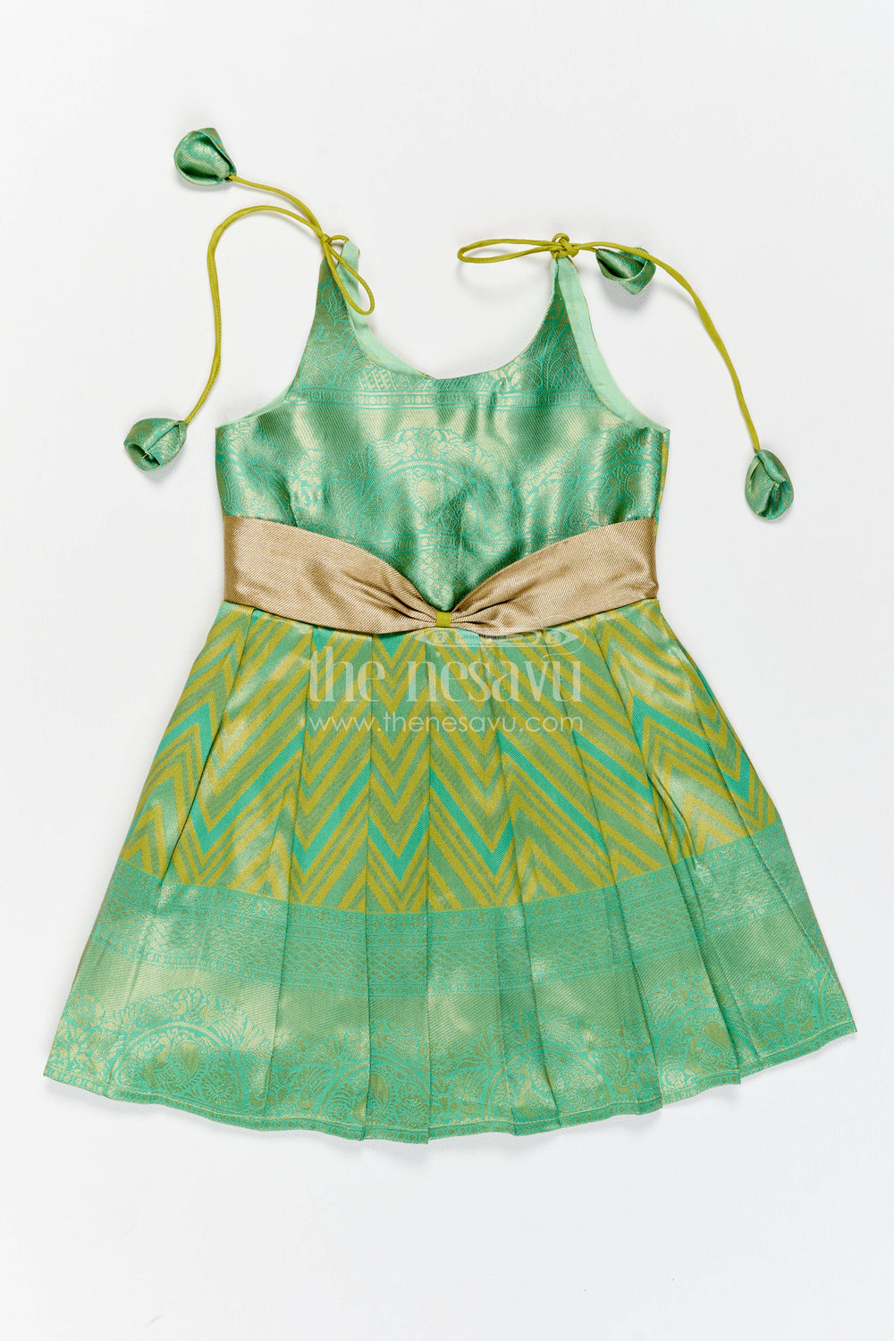 The Nesavu Girls Kanchi Silk Frock Girls Kanchi Silk Frock with Woven Texture for Family Functions Nesavu 18 (2Y) / Green / Style 1 KSF067BA-18 Nesavu Girls Kanchi Silk Frock In Green For Special Functions KSF067BA-18