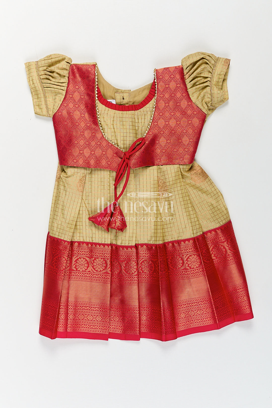 The Nesavu Girls Kanchi Silk Frock Girls Kanchivaram Cream Colour Frocks with Puff Sleeves and Rich Red Zari Border for Elegant Ethnic Appeal Nesavu 14 (6M) / Cream / Style 1 SF840AA-14 Nesavu Girls Cream Colour Frocks Kanchivaram Silk Red Zari Border Puff Sleeve Overlay