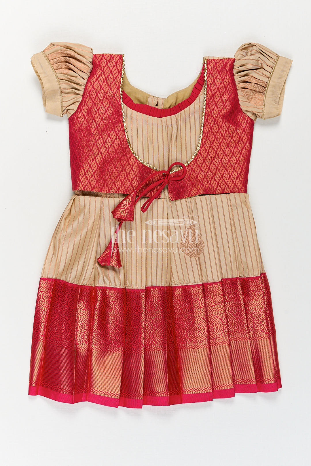 The Nesavu Girls Kanchi Silk Frock Girls Kanchivaram Frock Design with Silk Saree Style in Cream and Red with Puff Sleeves and Zari Border Nesavu 14 (6M) / Red / Style 1 SF852BA-14 Nesavu Girls Frock Design Silk Saree Styling Cream Red Kanchivaram Silk Zari Border Finish