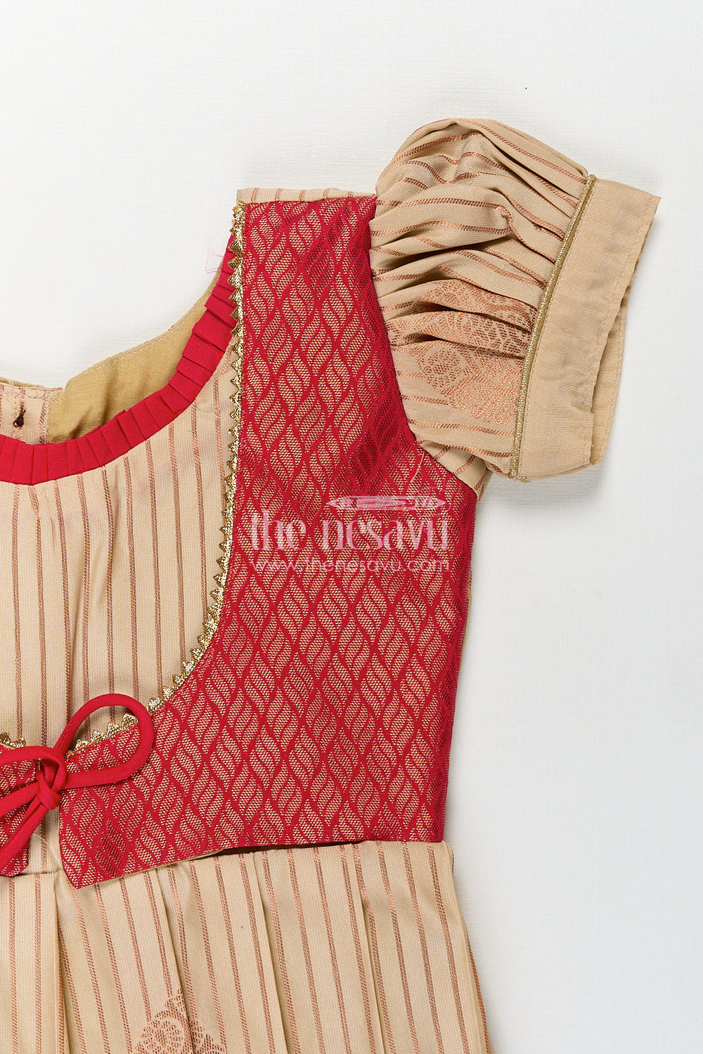 The Nesavu Girls Kanchi Silk Frock Girls Kanchivaram Frock Design with Silk Saree Style in Cream and Red with Puff Sleeves and Zari Border Nesavu Nesavu Girls Frock Design Silk Saree Styling Cream Red Kanchivaram Silk Zari Border Finish