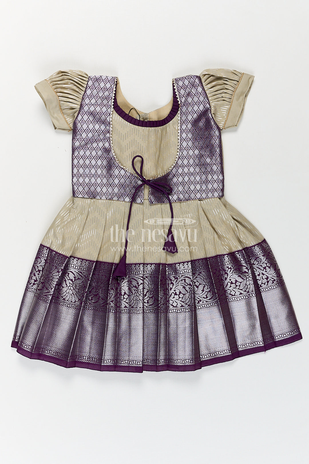 The Nesavu Girls Kanchi Silk Frock Girls Kanchivaram Frock Traditional in Cream and Purple with Puff Sleeves and Zari Woven Border Nesavu 16 (1Y) / Green / Style 1 SF849AA-16 Nesavu Girls Frock Traditional Design Cream Kanchivaram Silk Purple Zari Border Puff Sleeves