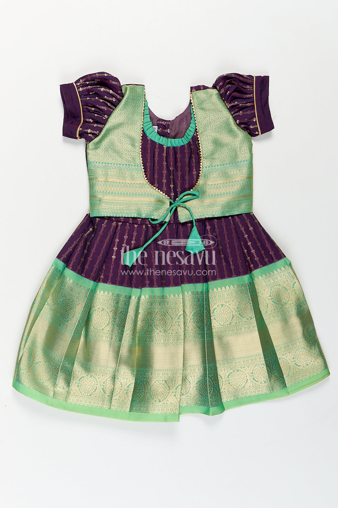 The Nesavu Girls Kanchi Silk Frock Girls Kanchivaram Long Green Frock with Puff Sleeves in Purple and Zari Woven Skirt and Overlay Detail Nesavu 14 (6M) / Green / Style 2 SF862AB-14 Nesavu Girls Long Green Frock Kanchivaram Silk Purple Bodice Zari Woven Pleated Skirt