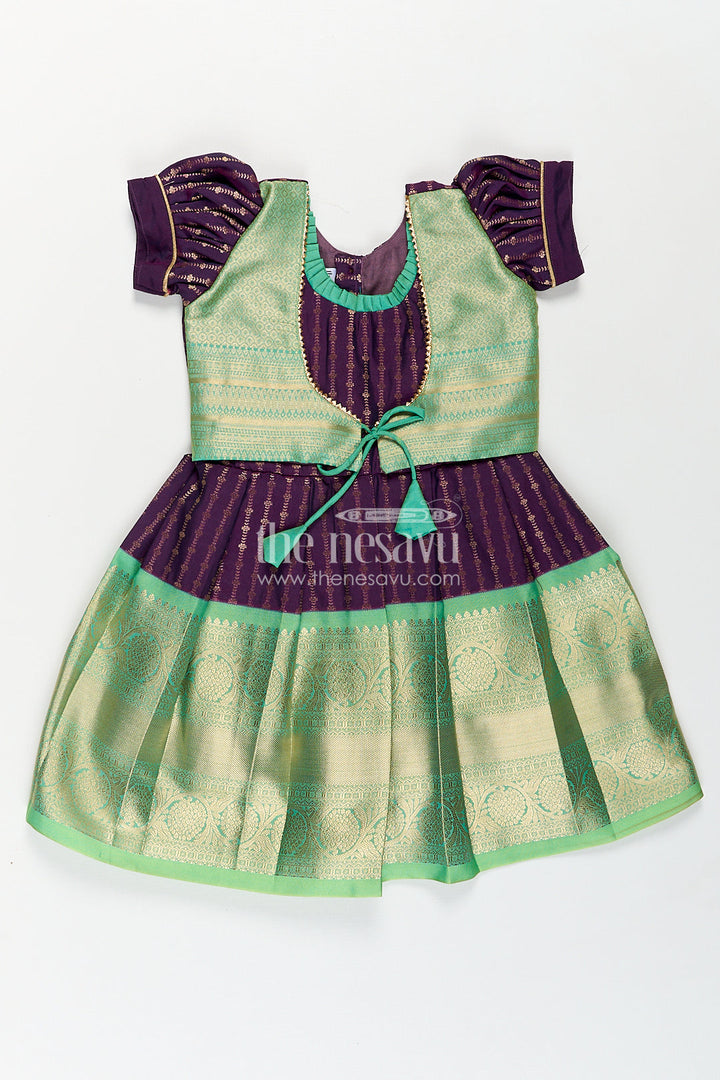 The Nesavu Girls Kanchi Silk Frock Girls Kanchivaram Long Green Frock with Puff Sleeves in Purple and Zari Woven Skirt and Overlay Detail Nesavu 14 (6M) / Green / Style 2 SF862AB-14 Nesavu Girls Long Green Frock Kanchivaram Silk Purple Bodice Zari Woven Pleated Skirt