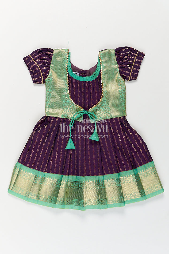 The Nesavu Girls Kanchi Silk Frock Girls Kanchivaram Long Green Frock with Puff Sleeves in Purple and Zari Woven Skirt and Overlay Detail Nesavu 14 (6M) / Green / Style 4 SF862AD-14 Nesavu Girls Long Green Frock Kanchivaram Silk Purple Bodice Zari Woven Pleated Skirt
