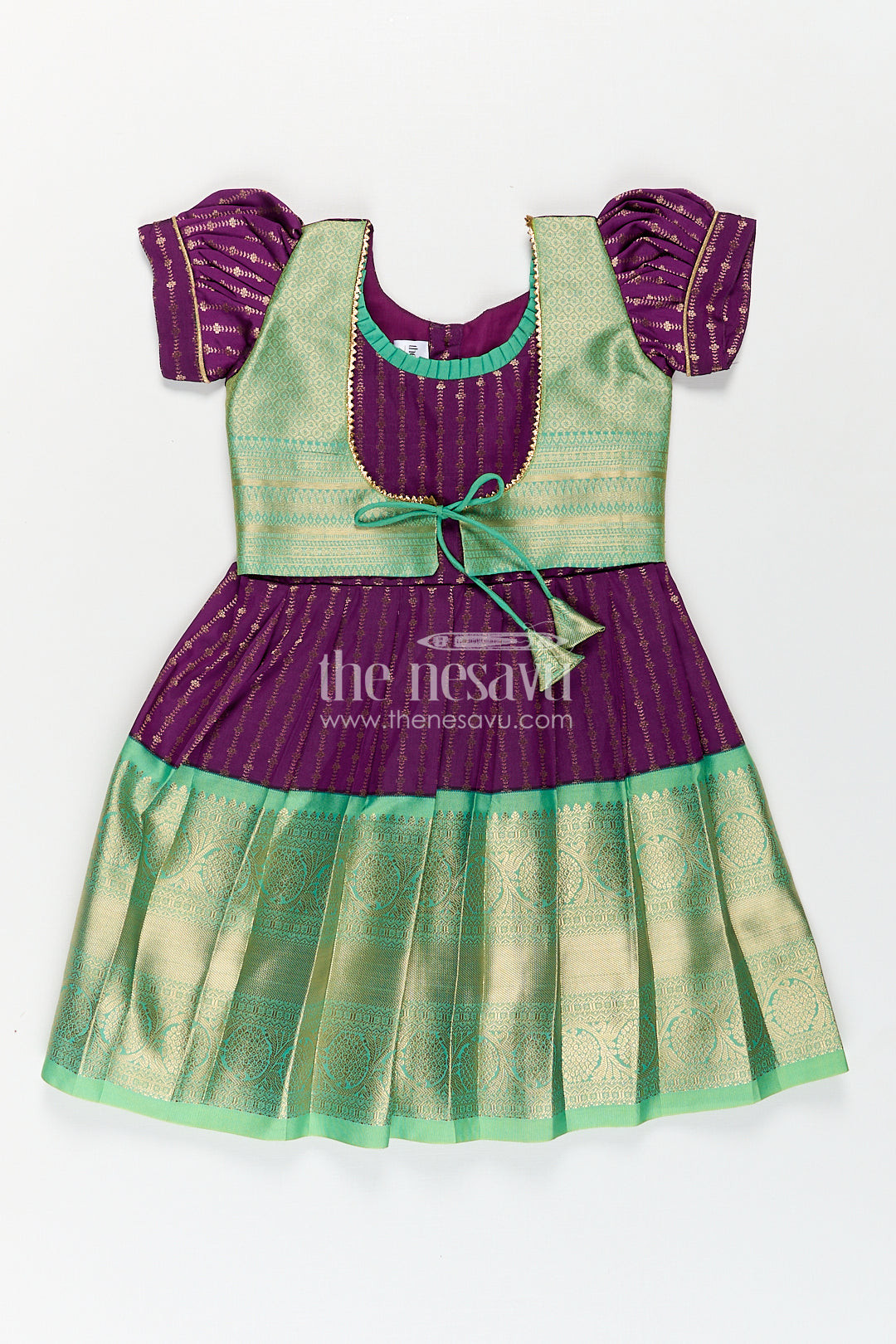 The Nesavu Girls Kanchi Silk Frock Girls Kanchivaram Long Green Frock with Puff Sleeves in Purple and Zari Woven Skirt and Overlay Detail Nesavu 14 (6M) / Green / Style 5 SF862AE-14 Nesavu Girls Long Green Frock Kanchivaram Silk Purple Bodice Zari Woven Pleated Skirt