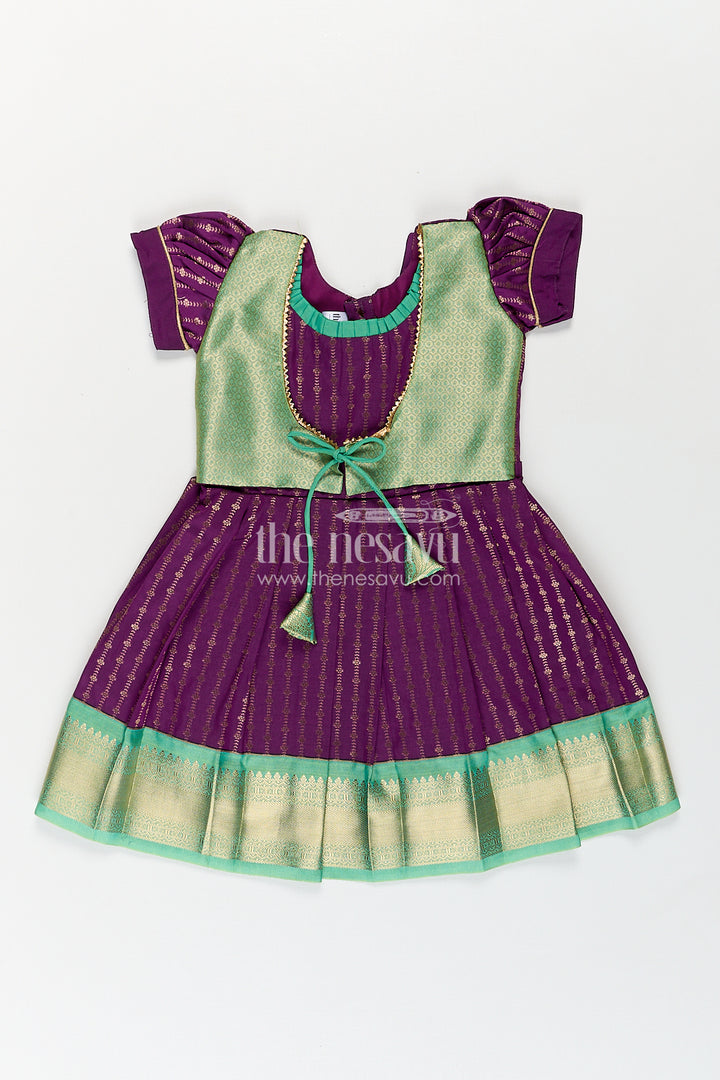 The Nesavu Girls Kanchi Silk Frock Girls Kanchivaram Long Green Frock with Puff Sleeves in Purple and Zari Woven Skirt and Overlay Detail Nesavu 14 (6M) / Green / Style 6 SF862AF-14 Nesavu Girls Long Green Frock Kanchivaram Silk Purple Bodice Zari Woven Pleated Skirt