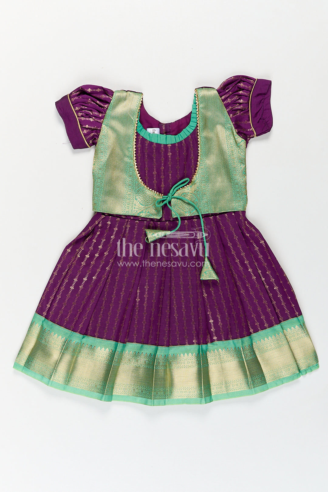 The Nesavu Girls Kanchi Silk Frock Girls Kanchivaram Long Green Frock with Puff Sleeves in Purple and Zari Woven Skirt and Overlay Detail Nesavu 14 (6M) / Green / Style 7 SF862AG-14 Nesavu Girls Long Green Frock Kanchivaram Silk Purple Bodice Zari Woven Pleated Skirt