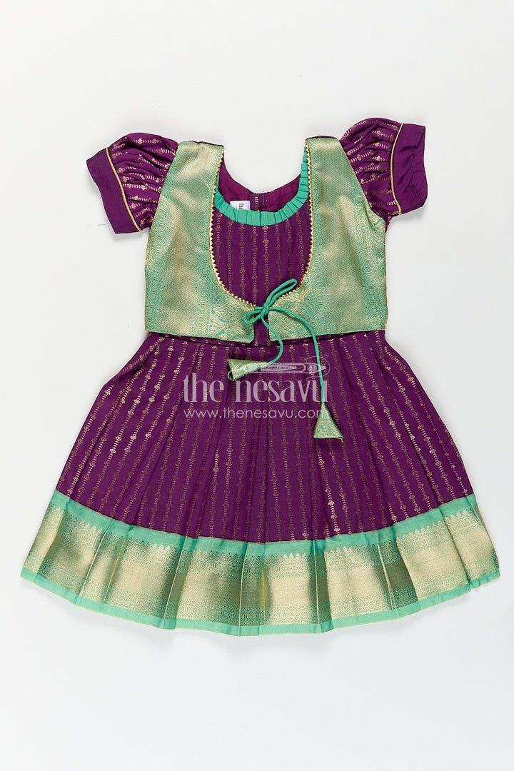 The Nesavu Girls Kanchi Silk Frock Girls Kanchivaram Long Green Frock with Puff Sleeves in Purple and Zari Woven Skirt and Overlay Detail Nesavu 14 (6M) / Green / Style 7 SF862AG-14 Nesavu Girls Long Green Frock Kanchivaram Silk Purple Bodice Zari Woven Pleated Skirt