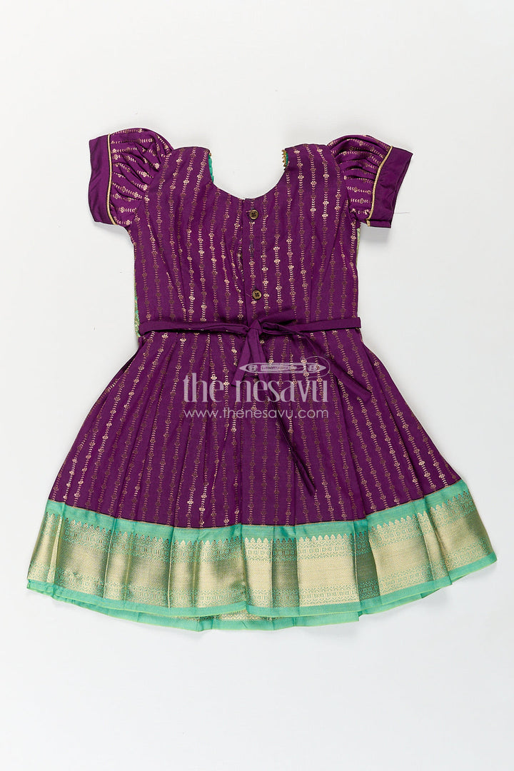 The Nesavu Girls Kanchi Silk Frock Girls Kanchivaram Long Green Frock with Puff Sleeves in Purple and Zari Woven Skirt and Overlay Detail Nesavu Nesavu Girls Long Green Frock Kanchivaram Silk Purple Bodice Zari Woven Pleated Skirt