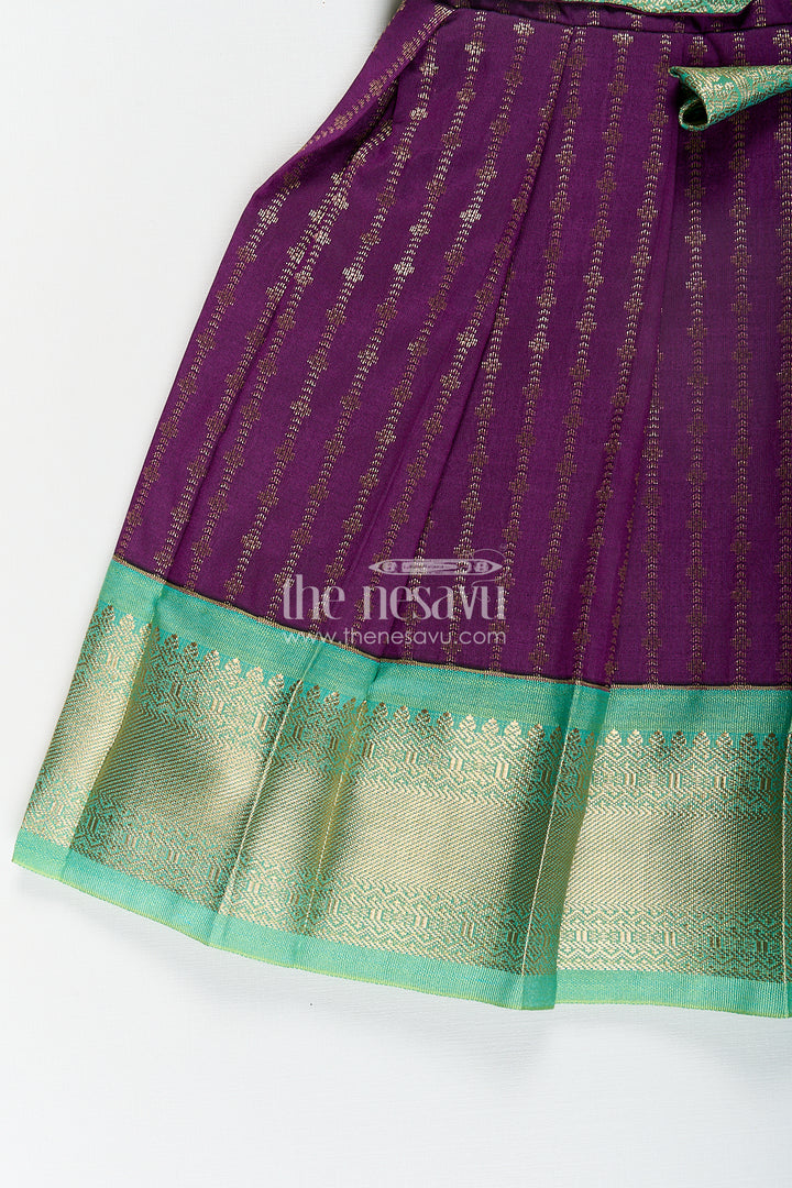 The Nesavu Girls Kanchi Silk Frock Girls Kanchivaram Long Green Frock with Puff Sleeves in Purple and Zari Woven Skirt and Overlay Detail Nesavu Nesavu Girls Long Green Frock Kanchivaram Silk Purple Bodice Zari Woven Pleated Skirt
