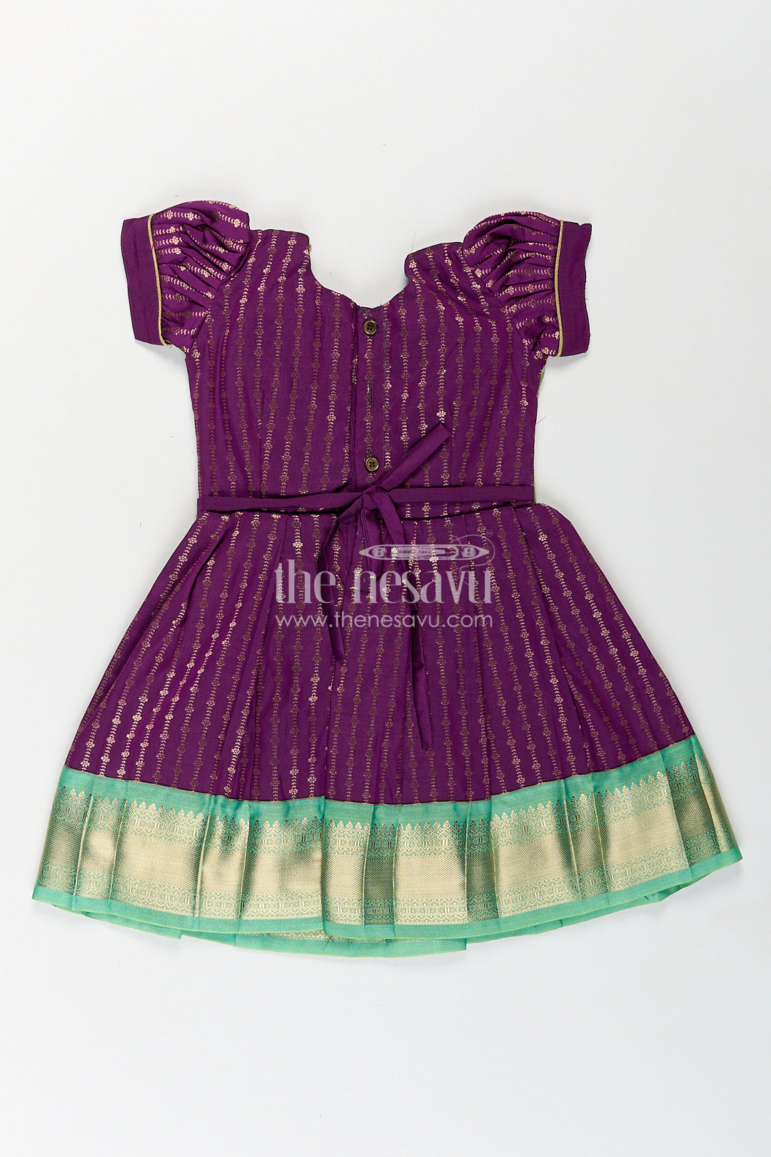 The Nesavu Girls Kanchi Silk Frock Girls Kanchivaram Long Green Frock with Puff Sleeves in Purple and Zari Woven Skirt and Overlay Detail Nesavu Nesavu Girls Long Green Frock Kanchivaram Silk Purple Bodice Zari Woven Pleated Skirt