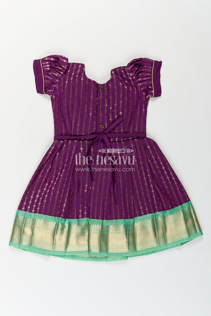 The Nesavu Girls Kanchi Silk Frock Girls Kanchivaram Long Green Frock with Puff Sleeves in Purple and Zari Woven Skirt and Overlay Detail Nesavu Nesavu Girls Long Green Frock Kanchivaram Silk Purple Bodice Zari Woven Pleated Skirt