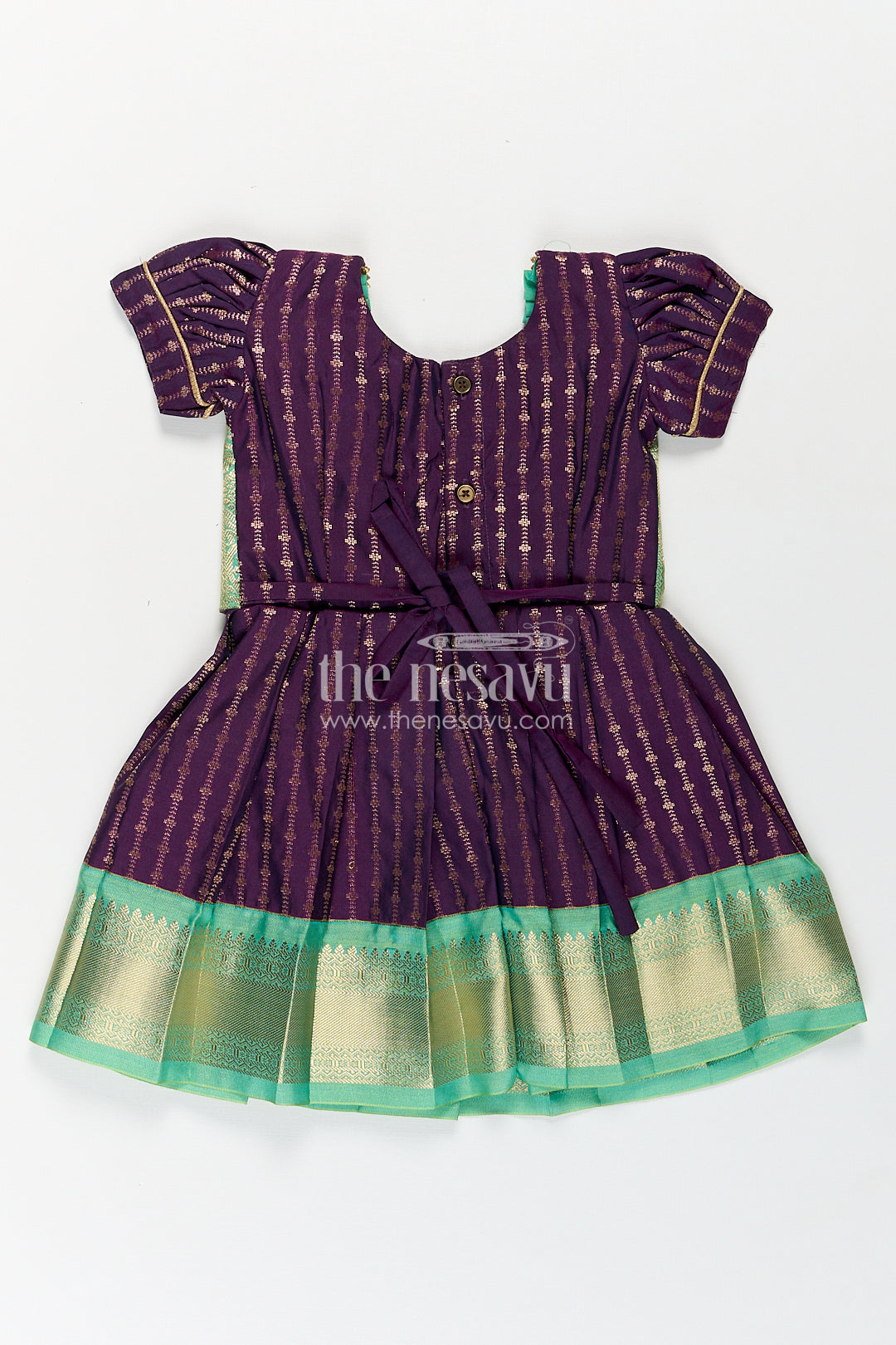 The Nesavu Girls Kanchi Silk Frock Girls Kanchivaram Long Green Frock with Puff Sleeves in Purple and Zari Woven Skirt and Overlay Detail Nesavu Nesavu Girls Long Green Frock Kanchivaram Silk Purple Bodice Zari Woven Pleated Skirt