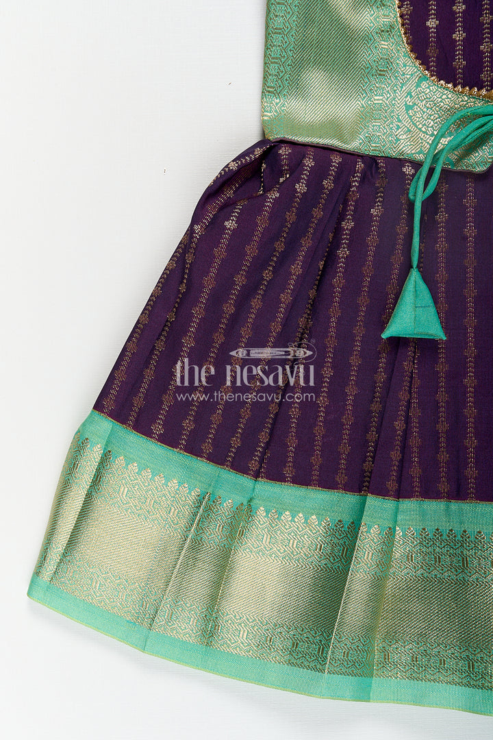 The Nesavu Girls Kanchi Silk Frock Girls Kanchivaram Long Green Frock with Puff Sleeves in Purple and Zari Woven Skirt and Overlay Detail Nesavu Nesavu Girls Long Green Frock Kanchivaram Silk Purple Bodice Zari Woven Pleated Skirt