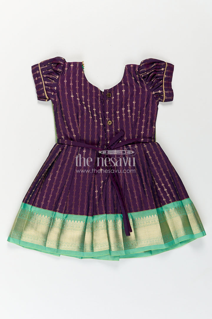 The Nesavu Girls Kanchi Silk Frock Girls Kanchivaram Long Green Frock with Puff Sleeves in Purple and Zari Woven Skirt and Overlay Detail Nesavu Nesavu Girls Long Green Frock Kanchivaram Silk Purple Bodice Zari Woven Pleated Skirt