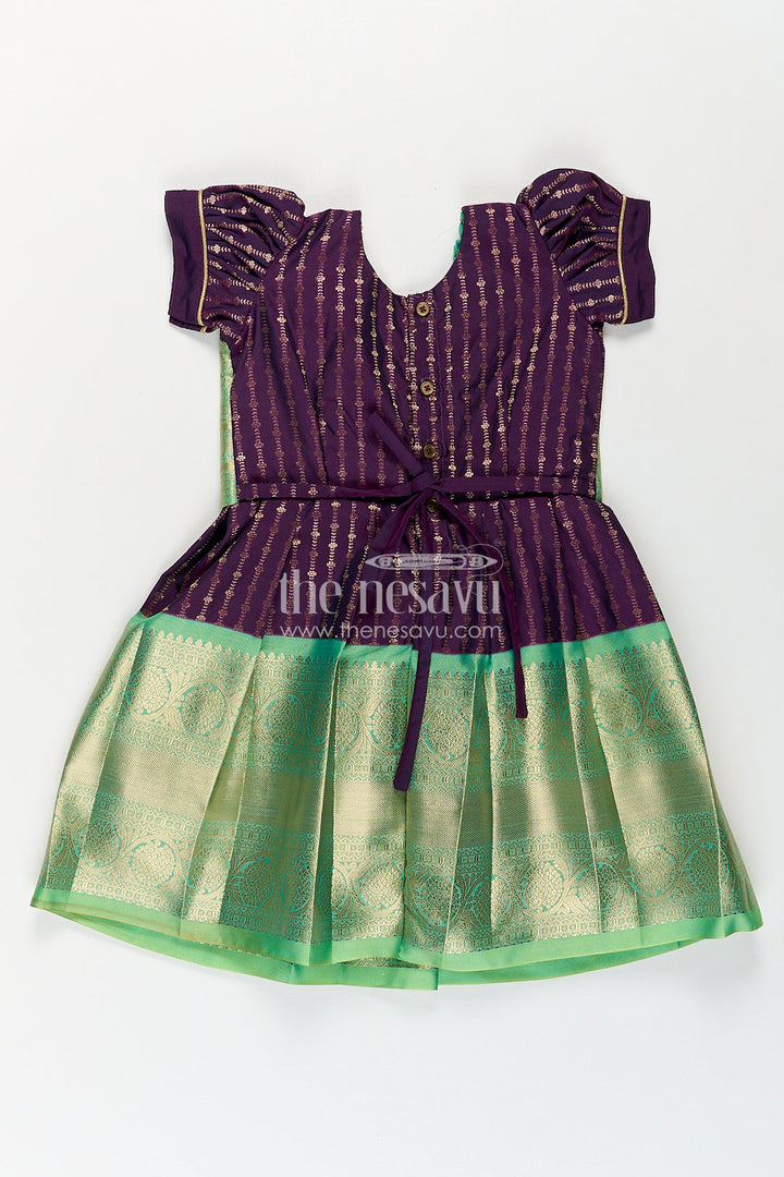 The Nesavu Girls Kanchi Silk Frock Girls Kanchivaram Long Green Frock with Puff Sleeves in Purple and Zari Woven Skirt and Overlay Detail Nesavu Nesavu Girls Long Green Frock Kanchivaram Silk Purple Bodice Zari Woven Pleated Skirt