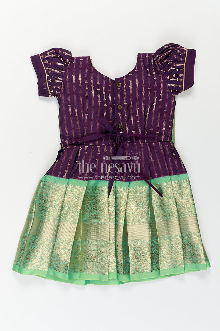 The Nesavu Girls Kanchi Silk Frock Girls Kanchivaram Long Green Frock with Puff Sleeves in Purple and Zari Woven Skirt and Overlay Detail Nesavu Nesavu Girls Long Green Frock Kanchivaram Silk Purple Bodice Zari Woven Pleated Skirt