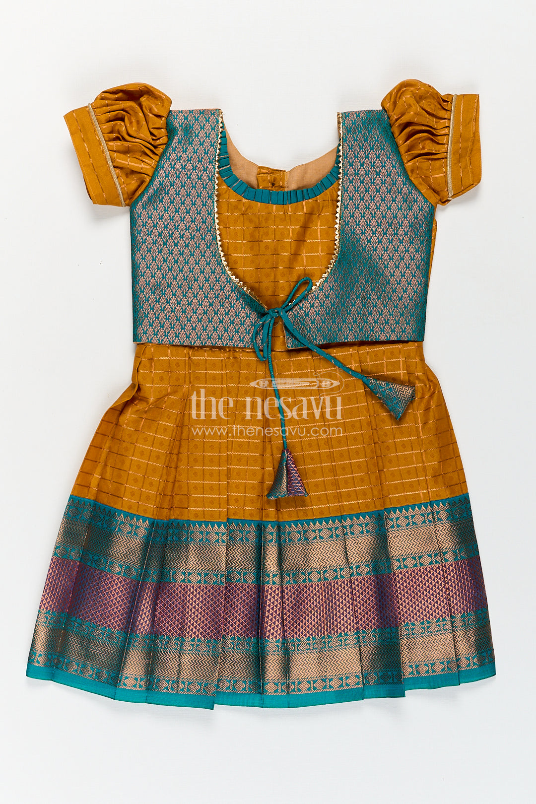 The Nesavu Girls Kanchi Silk Frock Girls Kanchivaram Orange Silk Frocks with Puff Sleeves Green Zari Overlay and Traditional Woven Border Nesavu 16 (1Y) / Orange / Style 1 SF838DA-16 Nesavu Girls Orange Silk Frocks Kanchivaram Style Green Zari Yoke Traditional Woven Hemline