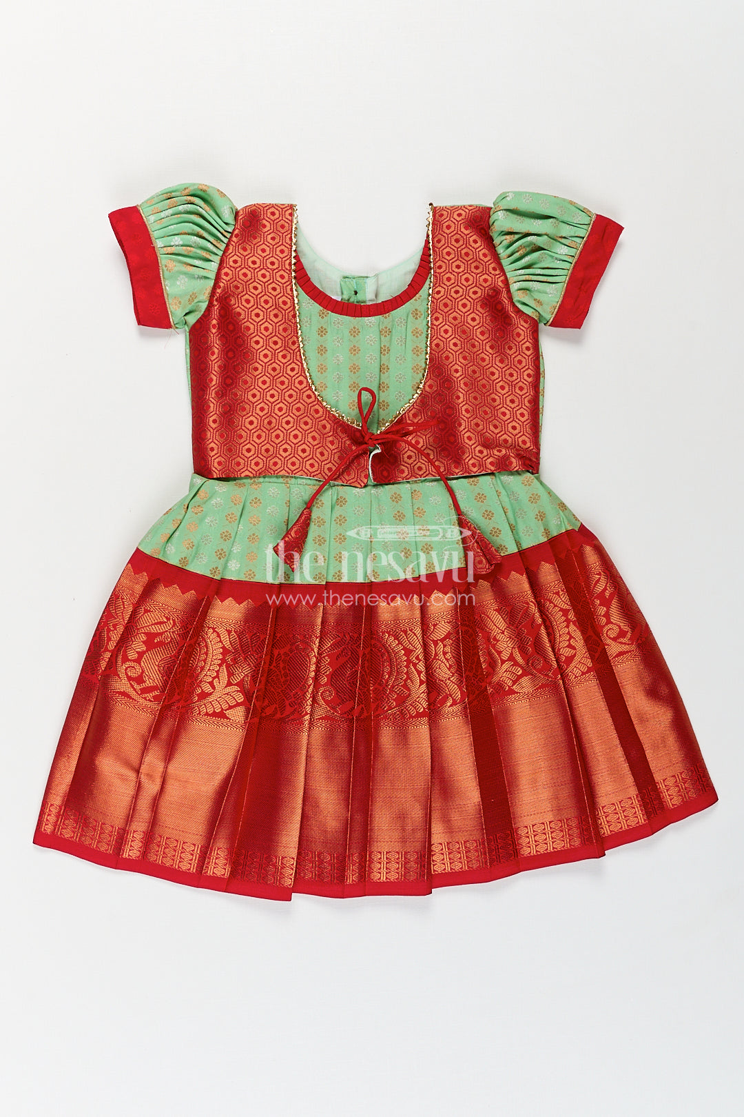 The Nesavu Girls Kanchi Silk Frock Girls Kanchivaram Pattu Saree Long Frock with Puff Sleeves in Green and Red Zari Woven Traditional Style Nesavu 14 (6M) / Green / Style 1 SF847AA-14 Nesavu Girls Pattu Saree Long Frock Kanchivaram Silk Green Body Red Zari Pleated Border