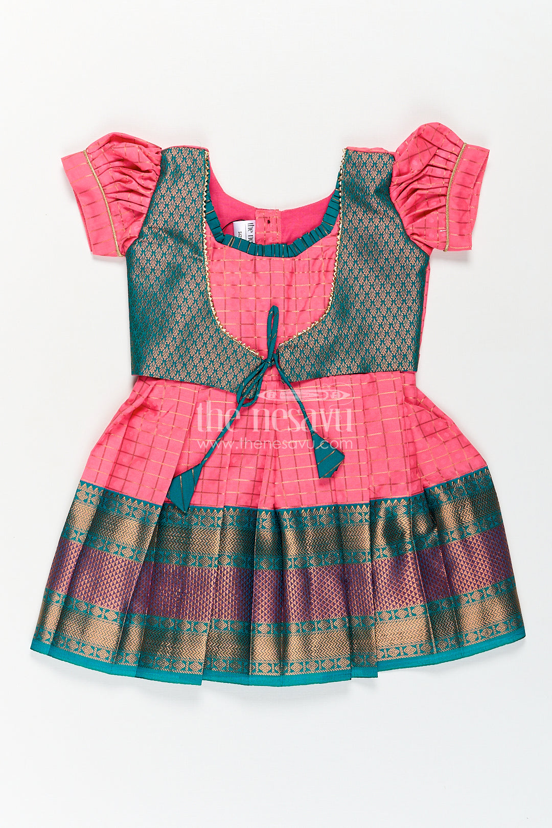 The Nesavu Girls Kanchi Silk Frock Girls Kanchivaram Pink Silk Dress with Puff Sleeves and Green Zari Overlay for Traditional Celebrations Nesavu 16 (1Y) / Pink / Style 1 SF838CA-16 Nesavu Girls Pink Silk Dress Kanchivaram Style Green Zari Bodice Puff Sleeves