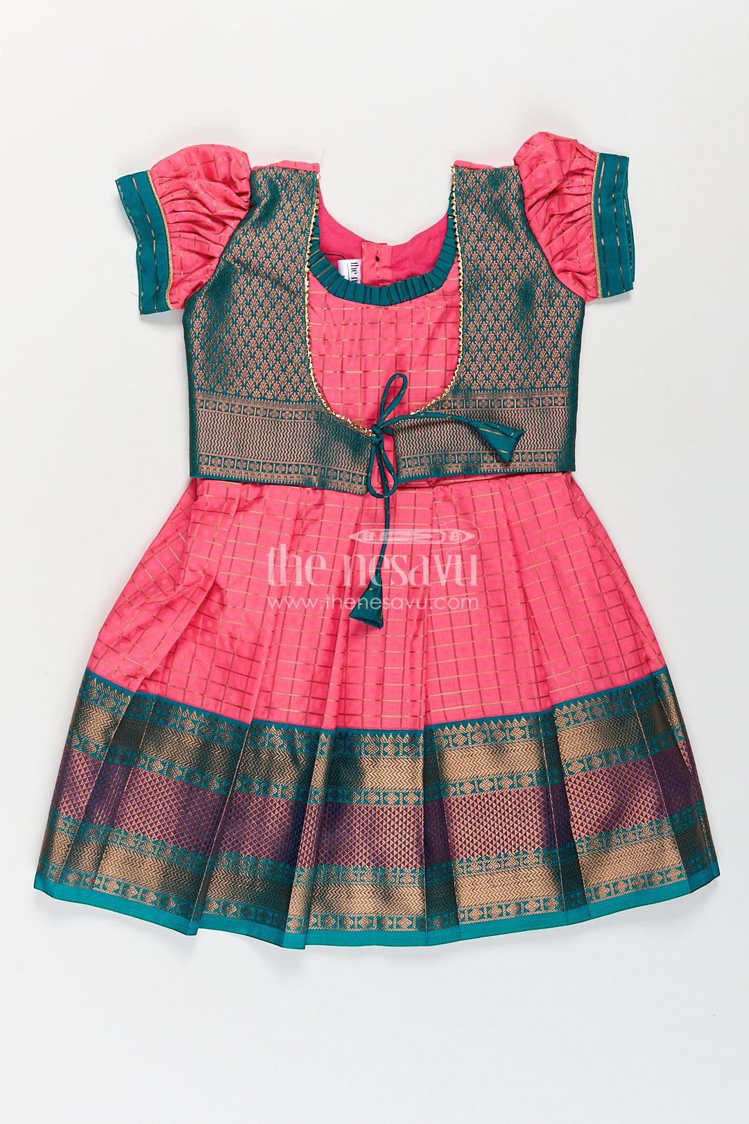 The Nesavu Girls Kanchi Silk Frock Girls Kanchivaram Pink Silk Dress with Puff Sleeves and Green Zari Overlay for Traditional Celebrations Nesavu 16 (1Y) / Pink / Style 2 SF838CB-16 Nesavu Girls Pink Silk Dress Kanchivaram Style Green Zari Bodice Puff Sleeves