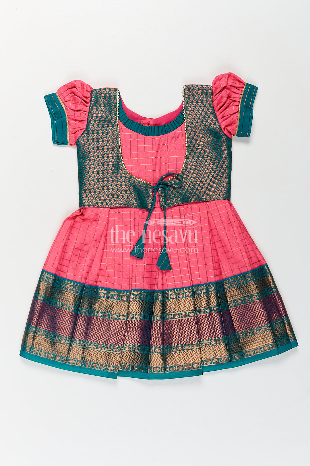 The Nesavu Girls Kanchi Silk Frock Girls Kanchivaram Pink Silk Dress with Puff Sleeves and Green Zari Overlay for Traditional Celebrations Nesavu 16 (1Y) / Pink / Style 3 SF838CC-16 Nesavu Girls Pink Silk Dress Kanchivaram Style Green Zari Bodice Puff Sleeves