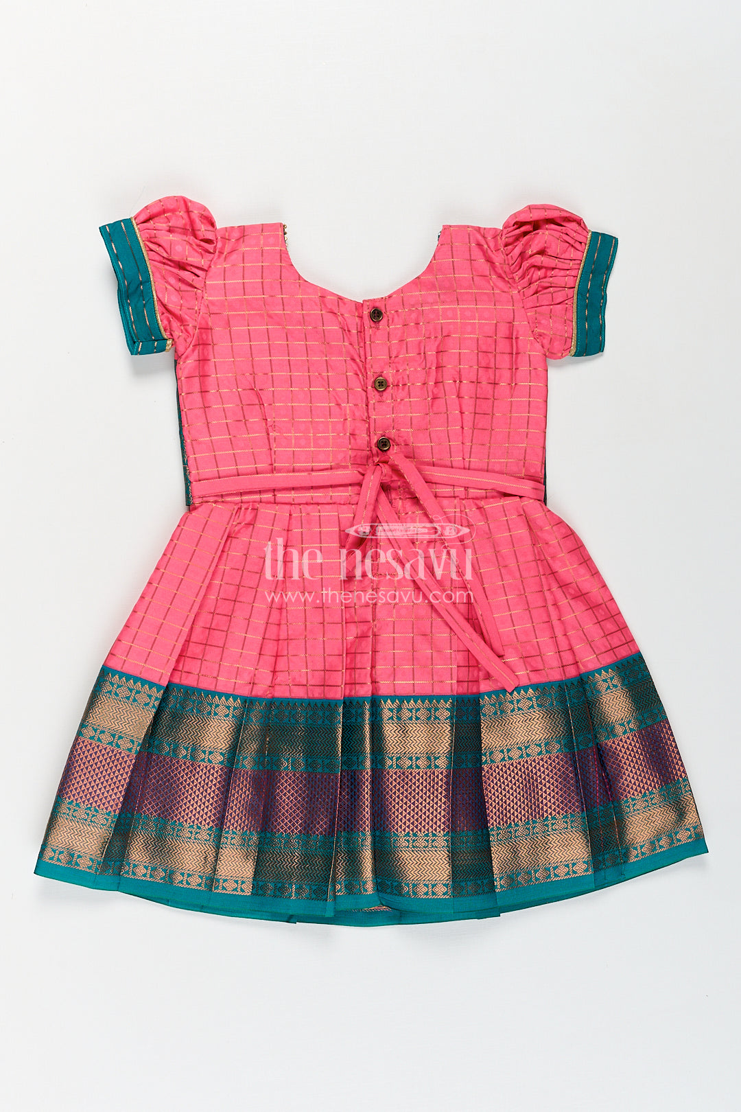 The Nesavu Girls Kanchi Silk Frock Girls Kanchivaram Pink Silk Dress with Puff Sleeves and Green Zari Overlay for Traditional Celebrations Nesavu Nesavu Girls Pink Silk Dress Kanchivaram Style Green Zari Bodice Puff Sleeves
