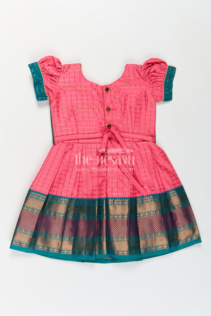 The Nesavu Girls Kanchi Silk Frock Girls Kanchivaram Pink Silk Dress with Puff Sleeves and Green Zari Overlay for Traditional Celebrations Nesavu Nesavu Girls Pink Silk Dress Kanchivaram Style Green Zari Bodice Puff Sleeves