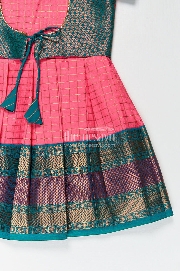 The Nesavu Girls Kanchi Silk Frock Girls Kanchivaram Pink Silk Dress with Puff Sleeves and Green Zari Overlay for Traditional Celebrations Nesavu Nesavu Girls Pink Silk Dress Kanchivaram Style Green Zari Bodice Puff Sleeves