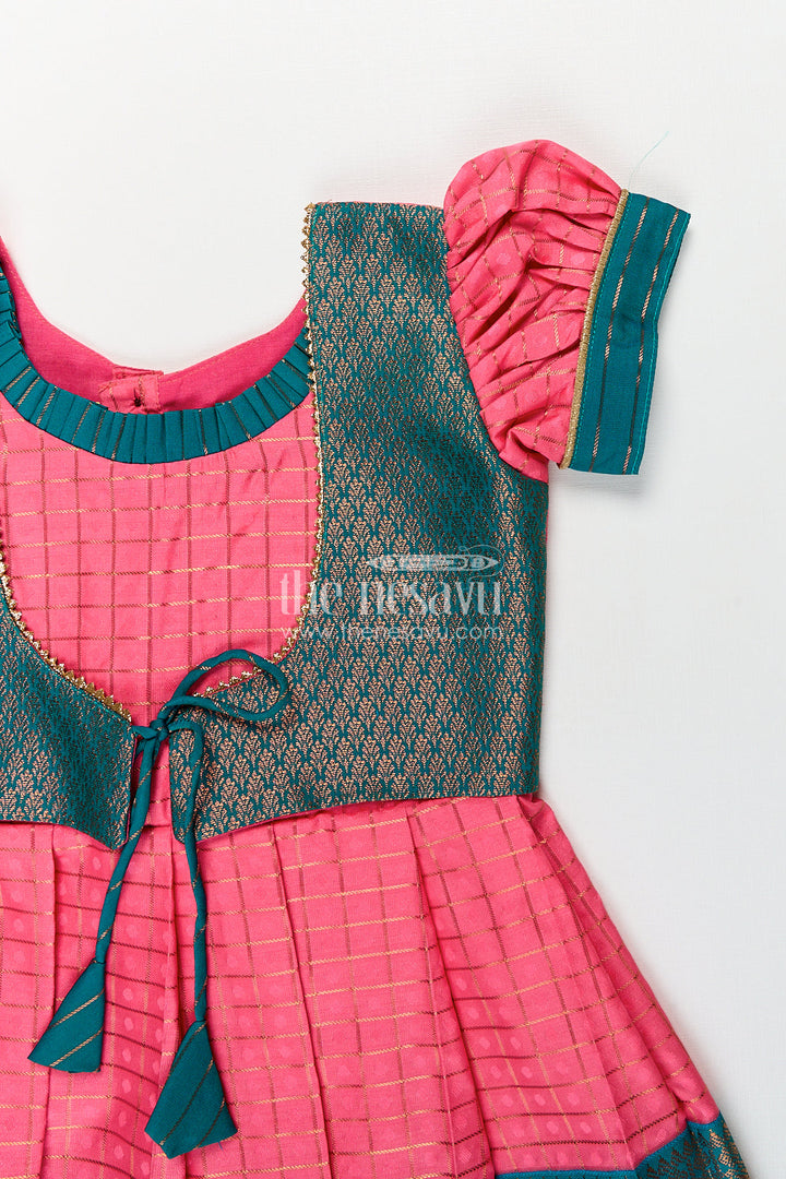 The Nesavu Girls Kanchi Silk Frock Girls Kanchivaram Pink Silk Dress with Puff Sleeves and Green Zari Overlay for Traditional Celebrations Nesavu Nesavu Girls Pink Silk Dress Kanchivaram Style Green Zari Bodice Puff Sleeves