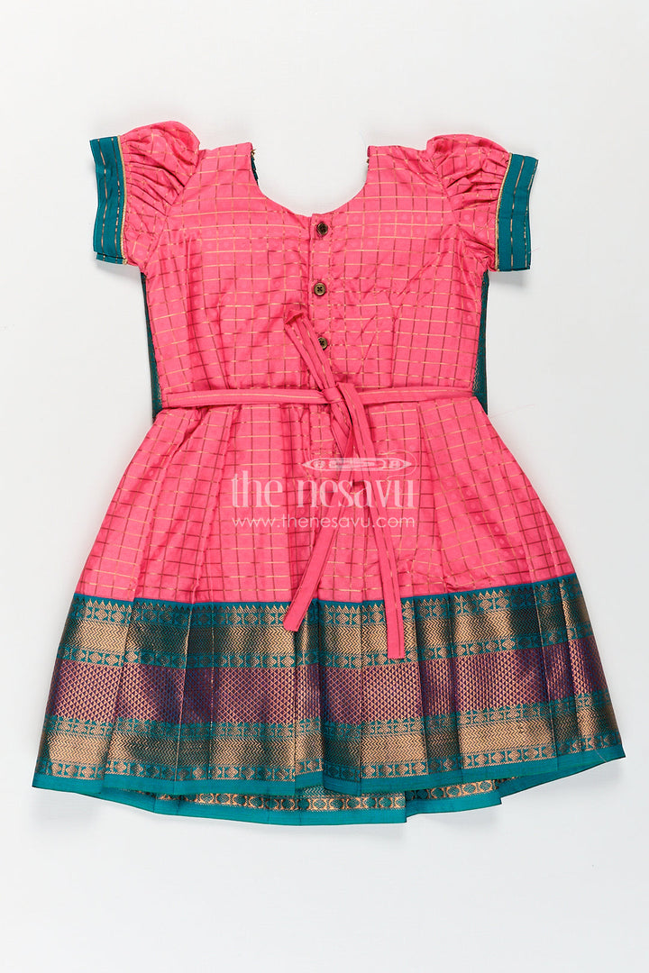 The Nesavu Girls Kanchi Silk Frock Girls Kanchivaram Pink Silk Dress with Puff Sleeves and Green Zari Overlay for Traditional Celebrations Nesavu Nesavu Girls Pink Silk Dress Kanchivaram Style Green Zari Bodice Puff Sleeves