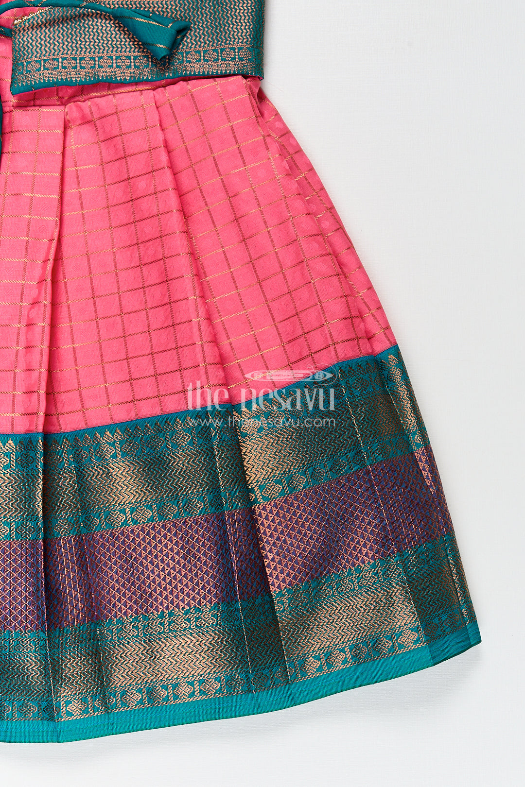 The Nesavu Girls Kanchi Silk Frock Girls Kanchivaram Pink Silk Dress with Puff Sleeves and Green Zari Overlay for Traditional Celebrations Nesavu Nesavu Girls Pink Silk Dress Kanchivaram Style Green Zari Bodice Puff Sleeves