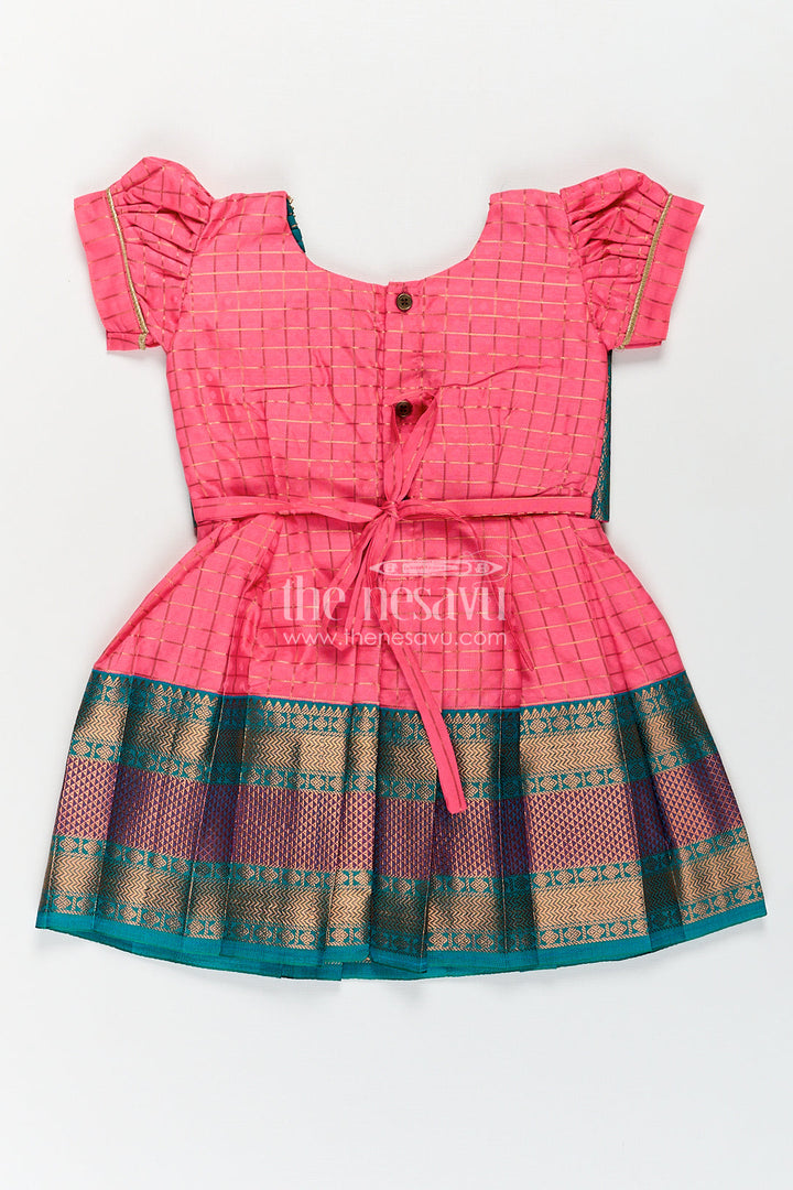The Nesavu Girls Kanchi Silk Frock Girls Kanchivaram Pink Silk Dress with Puff Sleeves and Green Zari Overlay for Traditional Celebrations Nesavu Nesavu Girls Pink Silk Dress Kanchivaram Style Green Zari Bodice Puff Sleeves
