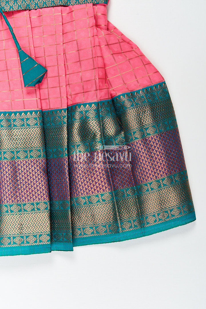 The Nesavu Girls Kanchi Silk Frock Girls Kanchivaram Pink Silk Dress with Puff Sleeves and Green Zari Overlay for Traditional Celebrations Nesavu Nesavu Girls Pink Silk Dress Kanchivaram Style Green Zari Bodice Puff Sleeves