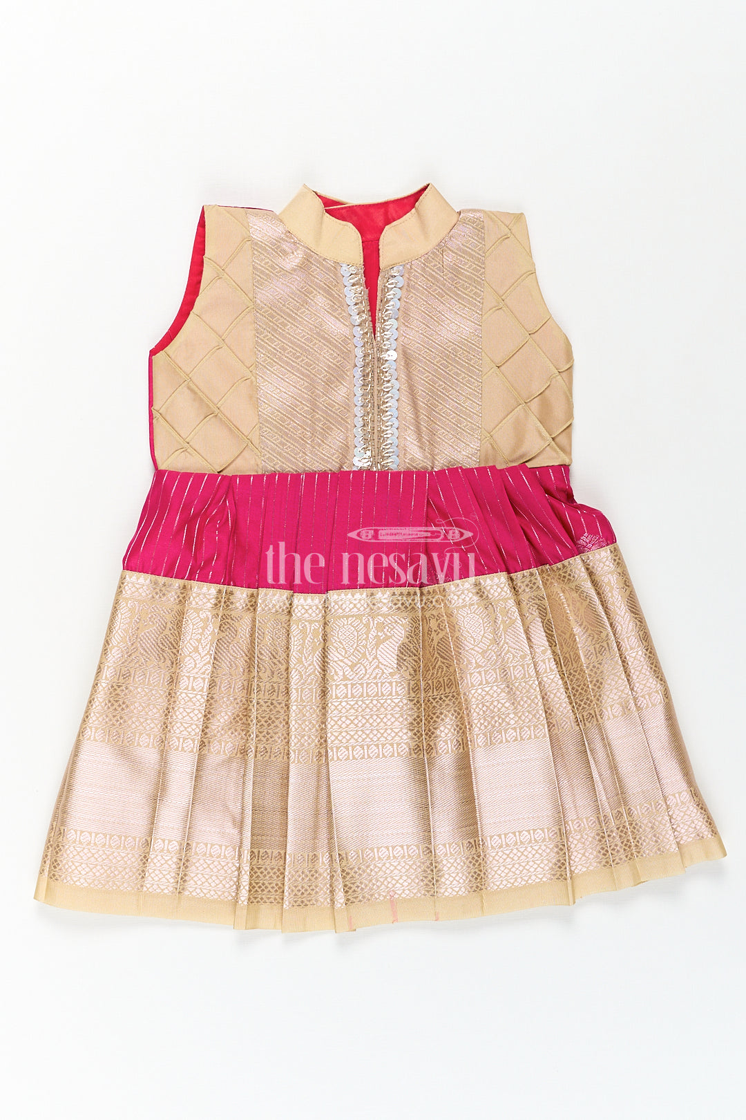 The Nesavu Girls Kanchi Silk Frock Girls Kanchivaram Silk Big Border Long Frocks with Pintuck Yoke and Sequin Front Panel Detailing Nesavu 14 (6M) / Red / Style 1 SF817CA-14 Nesavu Girls Big Border Long Frocks Kanchivaram Silk Pintuck Yoke Sequin Embellished Detail