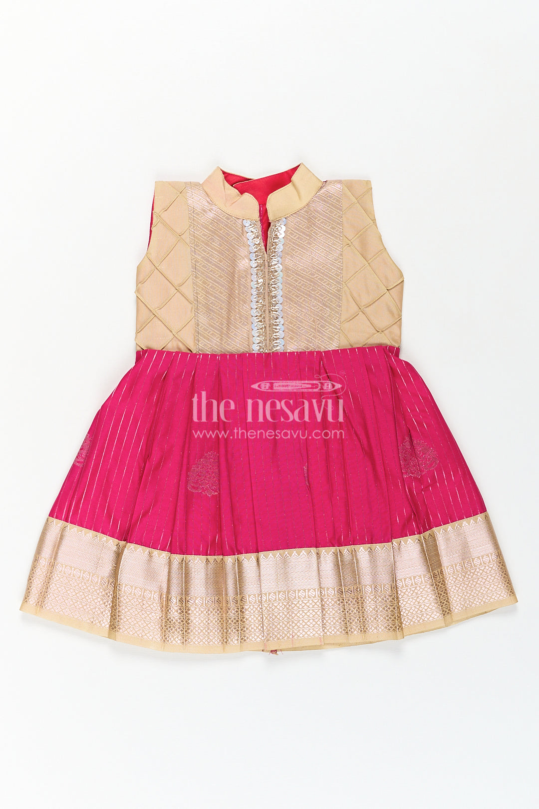 The Nesavu Girls Kanchi Silk Frock Girls Kanchivaram Silk Big Border Long Frocks with Pintuck Yoke and Sequin Front Panel Detailing Nesavu 14 (6M) / Red / Style 2 SF817CB-14 Nesavu Girls Big Border Long Frocks Kanchivaram Silk Pintuck Yoke Sequin Embellished Detail
