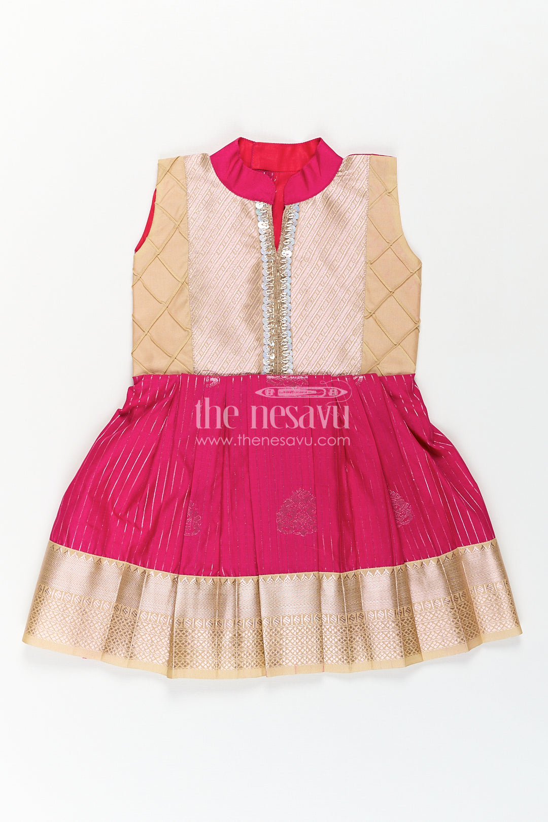 The Nesavu Girls Kanchi Silk Frock Girls Kanchivaram Silk Big Border Long Frocks with Pintuck Yoke and Sequin Front Panel Detailing Nesavu 14 (6M) / Red / Style 3 SF817CC-14 Nesavu Girls Big Border Long Frocks Kanchivaram Silk Pintuck Yoke Sequin Embellished Detail