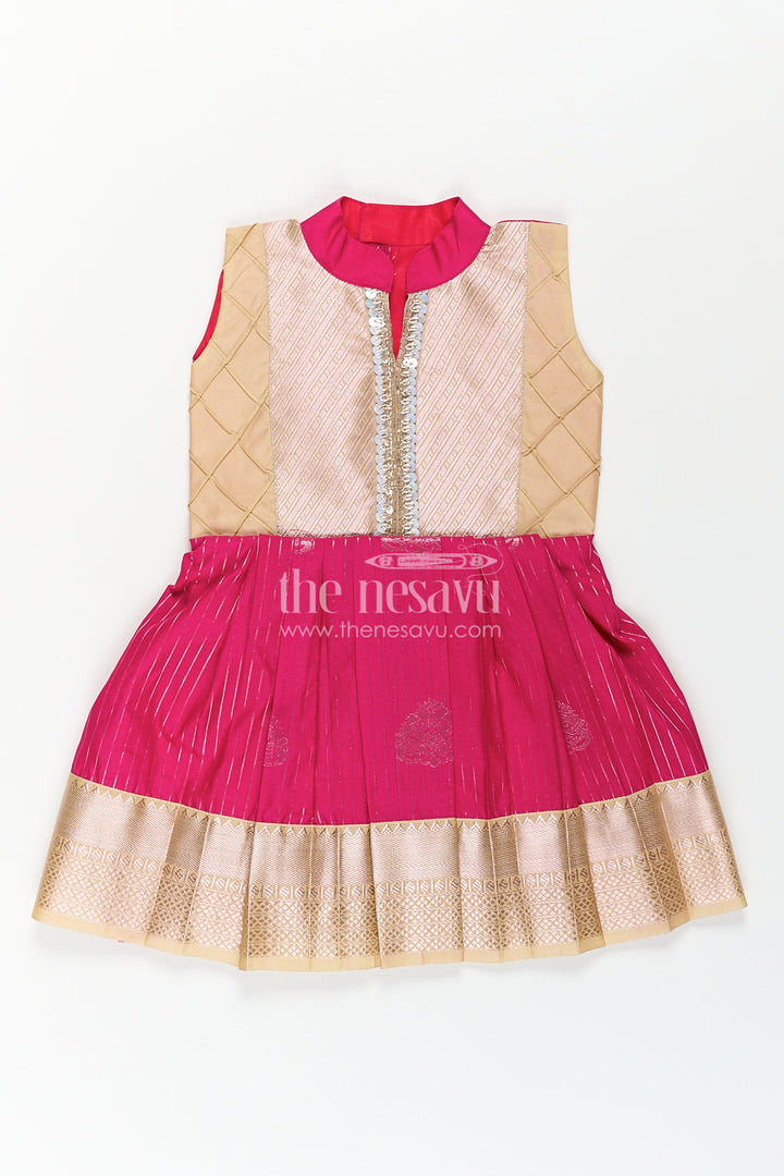 The Nesavu Girls Kanchi Silk Frock Girls Kanchivaram Silk Big Border Long Frocks with Pintuck Yoke and Sequin Front Panel Detailing Nesavu 14 (6M) / Red / Style 3 SF817CC-14 Nesavu Girls Big Border Long Frocks Kanchivaram Silk Pintuck Yoke Sequin Embellished Detail