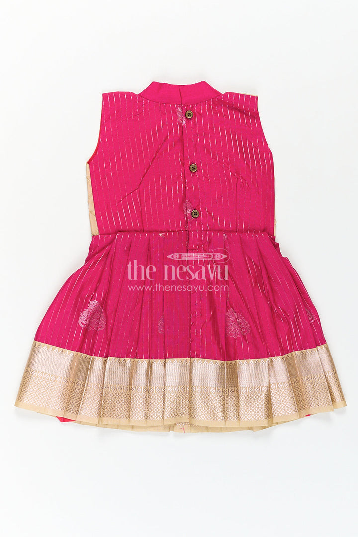 The Nesavu Girls Kanchi Silk Frock Girls Kanchivaram Silk Big Border Long Frocks with Pintuck Yoke and Sequin Front Panel Detailing Nesavu Nesavu Girls Big Border Long Frocks Kanchivaram Silk Pintuck Yoke Sequin Embellished Detail