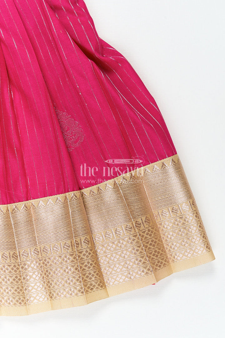 The Nesavu Girls Kanchi Silk Frock Girls Kanchivaram Silk Big Border Long Frocks with Pintuck Yoke and Sequin Front Panel Detailing Nesavu Nesavu Girls Big Border Long Frocks Kanchivaram Silk Pintuck Yoke Sequin Embellished Detail