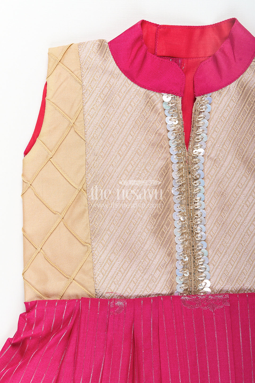 The Nesavu Girls Kanchi Silk Frock Girls Kanchivaram Silk Big Border Long Frocks with Pintuck Yoke and Sequin Front Panel Detailing Nesavu Nesavu Girls Big Border Long Frocks Kanchivaram Silk Pintuck Yoke Sequin Embellished Detail