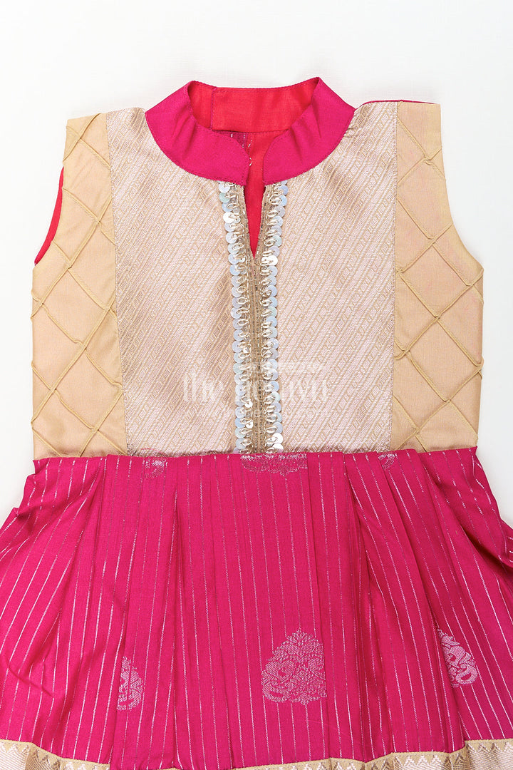 The Nesavu Girls Kanchi Silk Frock Girls Kanchivaram Silk Big Border Long Frocks with Pintuck Yoke and Sequin Front Panel Detailing Nesavu Nesavu Girls Big Border Long Frocks Kanchivaram Silk Pintuck Yoke Sequin Embellished Detail