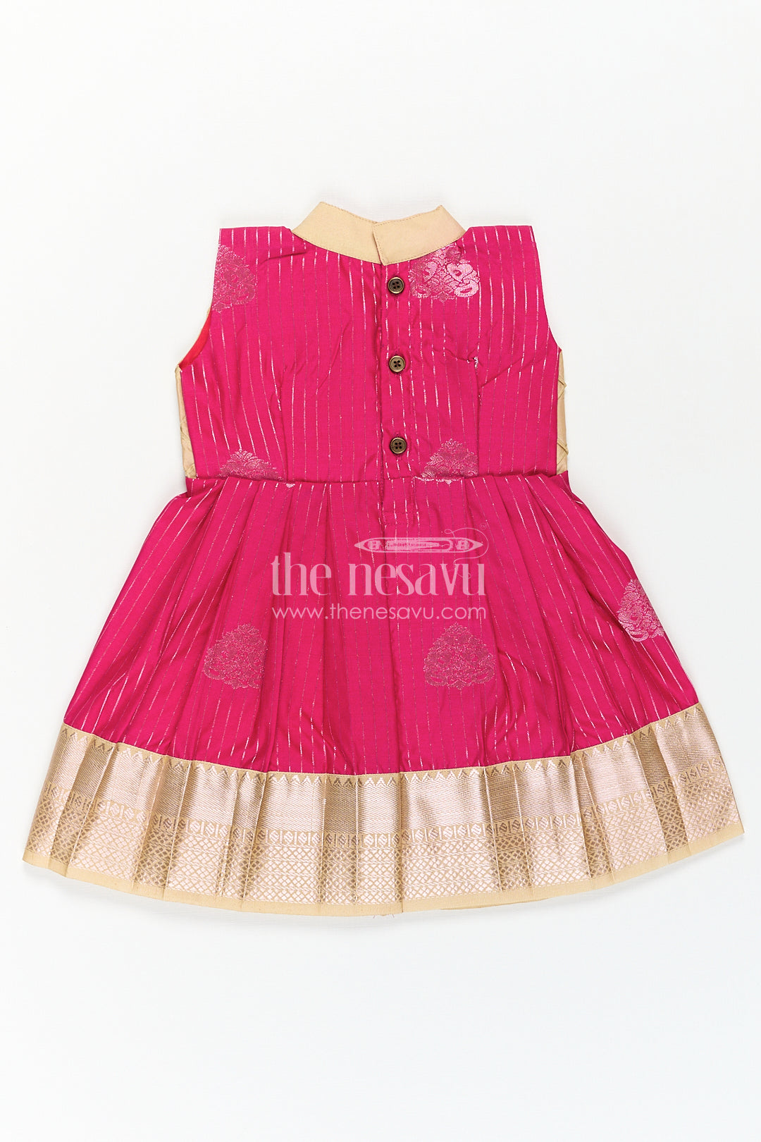 The Nesavu Girls Kanchi Silk Frock Girls Kanchivaram Silk Big Border Long Frocks with Pintuck Yoke and Sequin Front Panel Detailing Nesavu Nesavu Girls Big Border Long Frocks Kanchivaram Silk Pintuck Yoke Sequin Embellished Detail