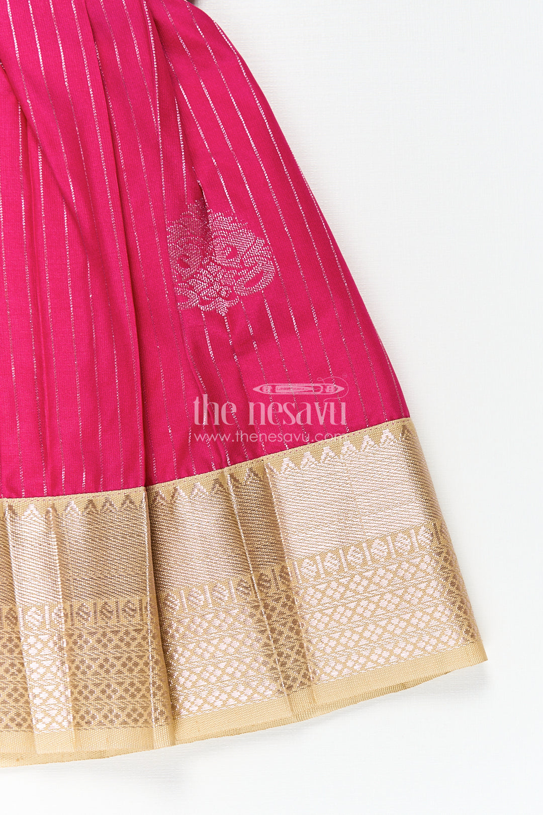 The Nesavu Girls Kanchi Silk Frock Girls Kanchivaram Silk Big Border Long Frocks with Pintuck Yoke and Sequin Front Panel Detailing Nesavu Nesavu Girls Big Border Long Frocks Kanchivaram Silk Pintuck Yoke Sequin Embellished Detail